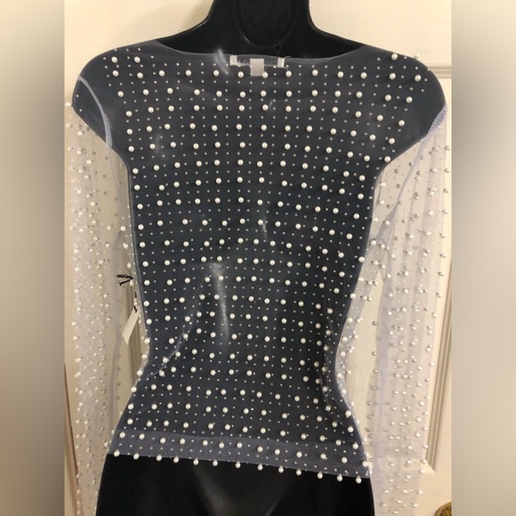 Cream Pearl Beaded rhinestone crystal sheer mesh long sleeve top size size Small - Picture 6 of 16